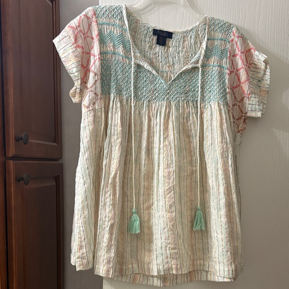 Rachel Zoe Boho Tie-Front Smocked Women’s Top in Cream, Mint, Coral size M